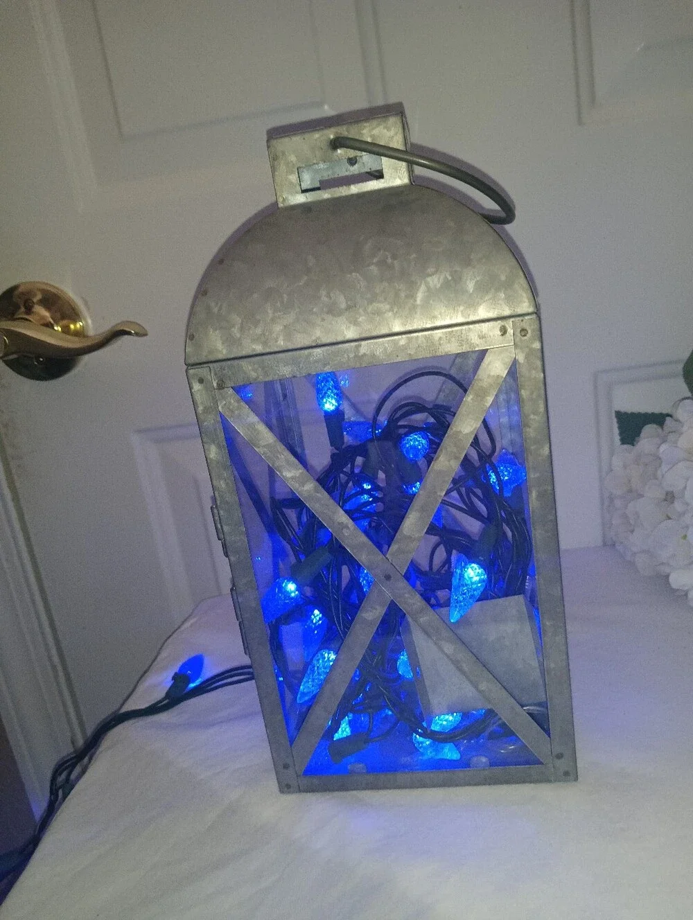 Galvanized Lantern With Blue Lights